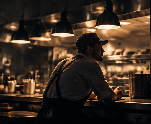 Restaurant worker at a service counter under warm pendant lights